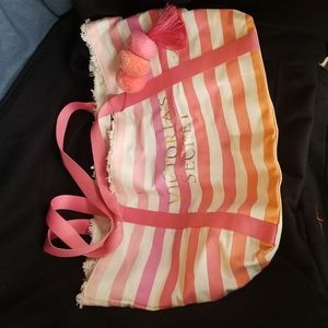 Victoria Secret Pink Stiped Tote with Ball tassel